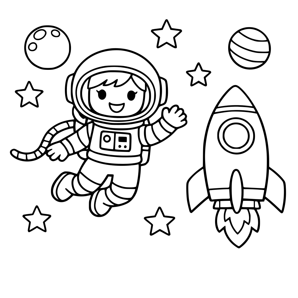 Female astronaut floating in space next to a simple rocket, coloring book page for kids, thick black outlines, white background, no shading, simple shapes.