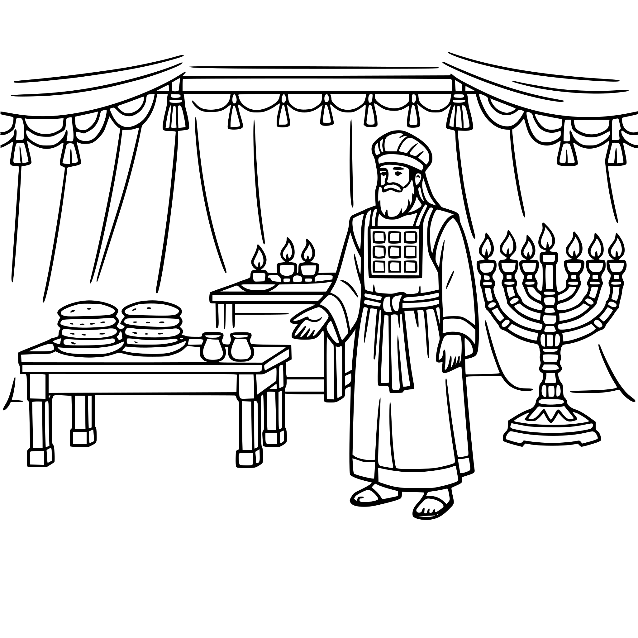 make a picture the tent of the tabernacle in the desert as the focus of the picture; include table inside and a lampstand and a priest in a robe