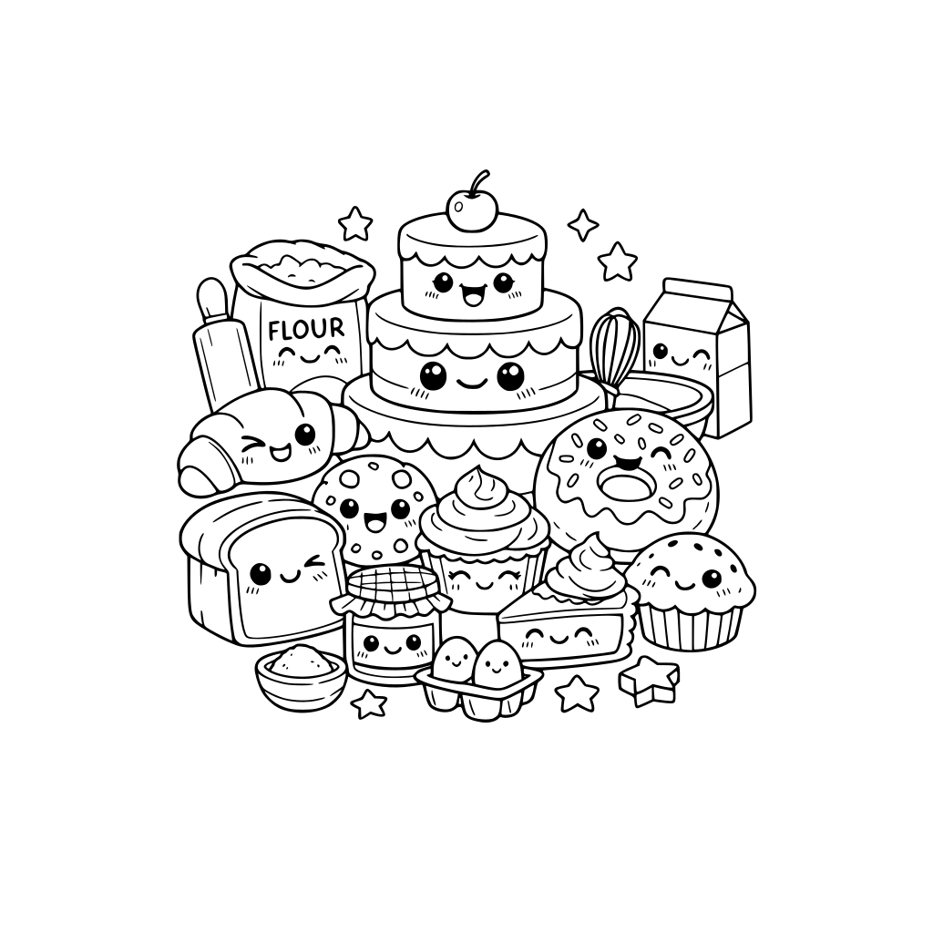 cute kawaii bakery scene, no animals. some bakery items with facial expressions. do not repeat facial expressions.