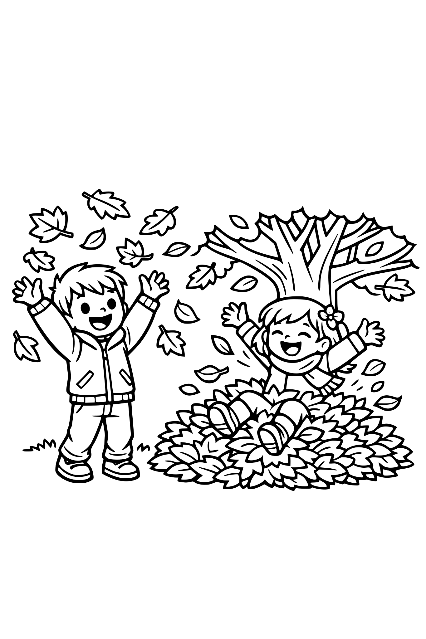 cute kids coloring page, happy boy throwing autumn leaves in the air, girl jumping into a big pile of leaves, tree with falling leaves behind them, simple shapes, thick outlines, kids coloring book style