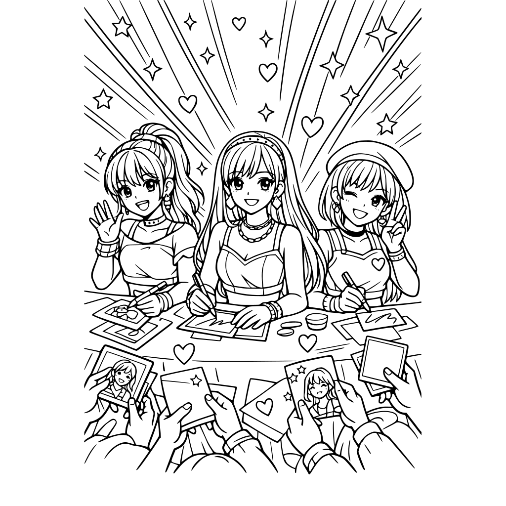 Portrait oriented coloring book page that is black and white with 3 k-pop singers signing autographs after a concert. They are young female pop stars. Background has light beams, lasers, stars, and hearts. Fill the whole page with great detail. Anime cartoon style.