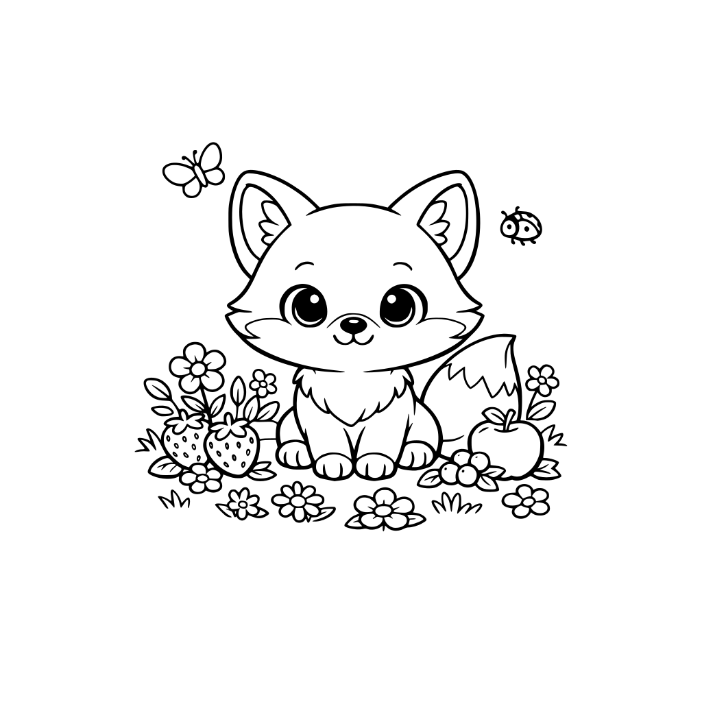 Faça uma raposinha fofinha kut kut estilo desenho 3D para colorir ela está num campo com florzinhas e frutinhas