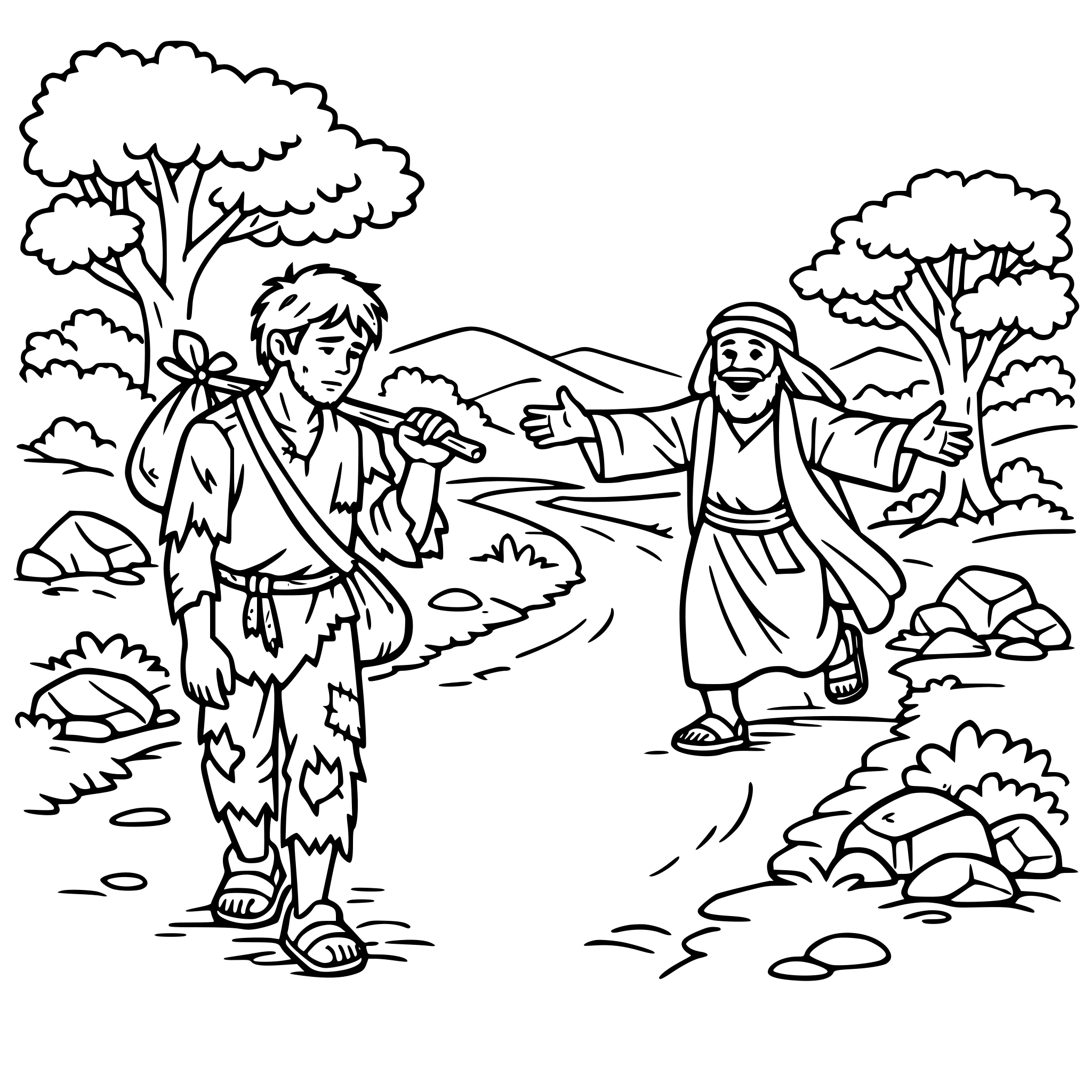 create a design with the prodigal son returning home tired and in ragged clothes, have him walking down a dirt road looking worried. Include a father coming down the road to meet him, looking excited. Include landscape elements like trees and rocks