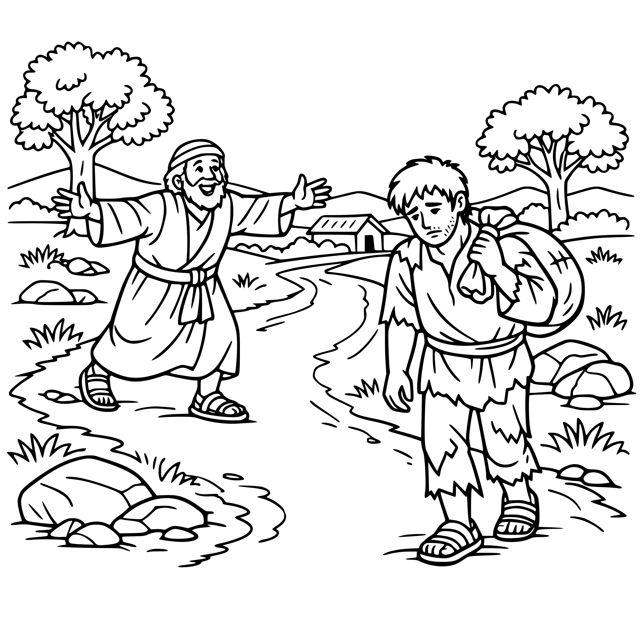 Create an image of the prodigal son coming home looking worried walking down a dirt road. Have a father excited and looking for him Include landscape items such as trees and rocks