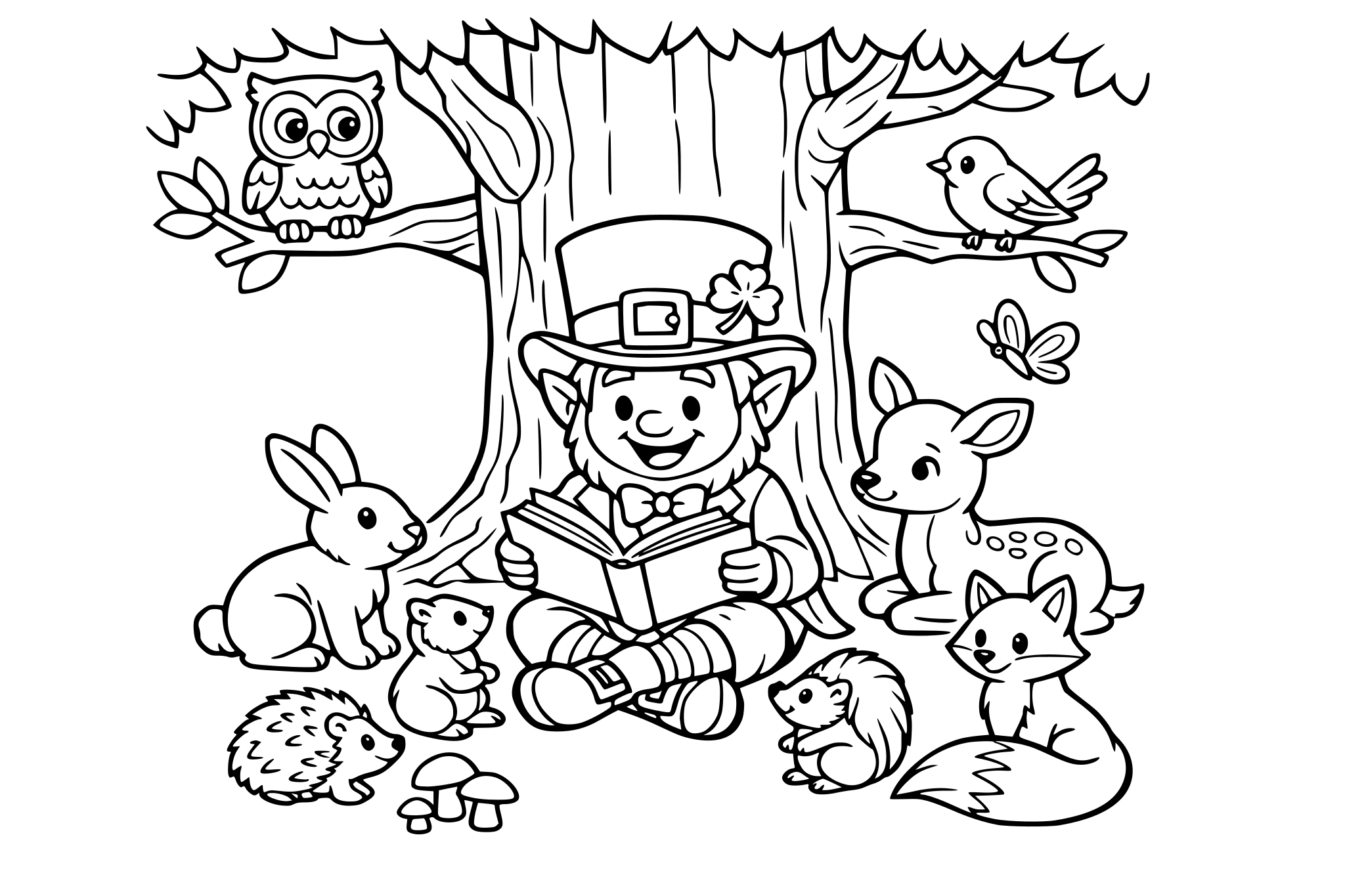Leprechaun sitting under a tree with woodland animals in the forest reading a book.