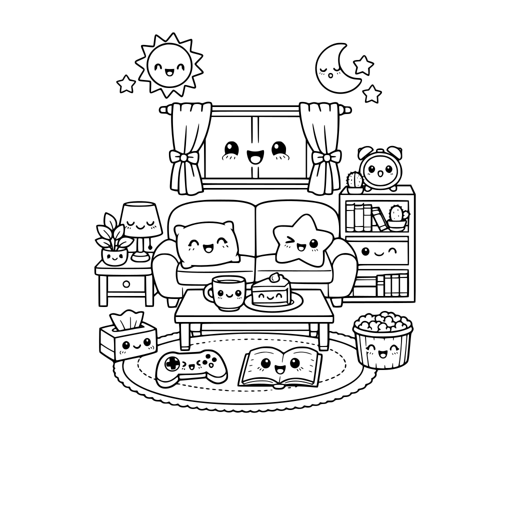 cute kawaii living room. no animals. some items with kawaii facial expressions. do not repeat facial expressions.