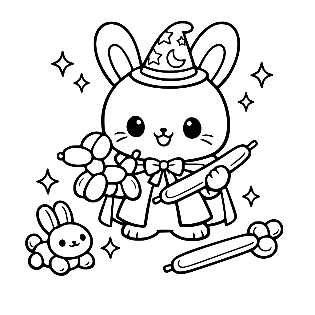 cartoon and kawaii style of bunny in magician robe making balloon animals — rounded balloon shapes, sparkles.