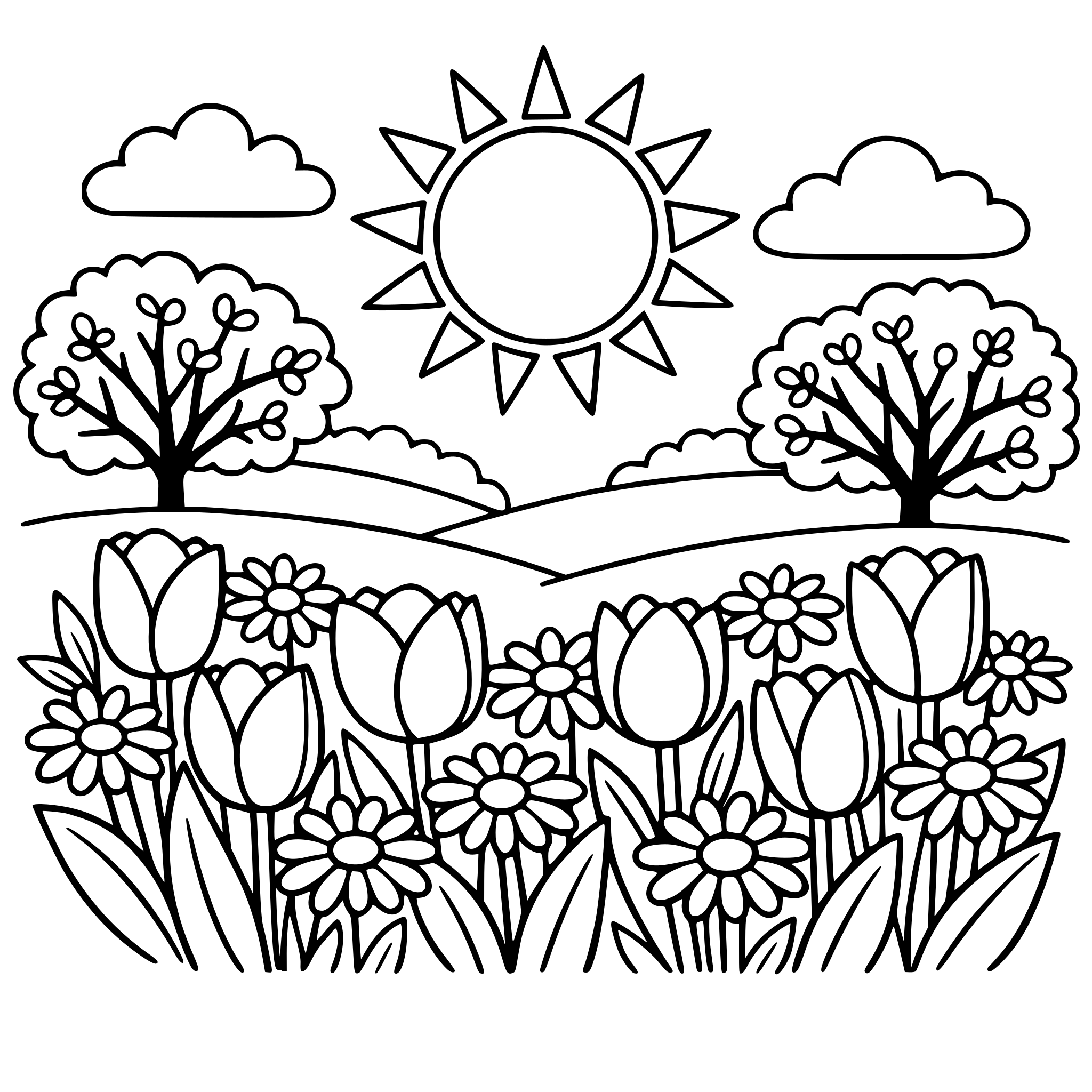 Blooming garden with tulips, daisies, trees budding, Sun shining