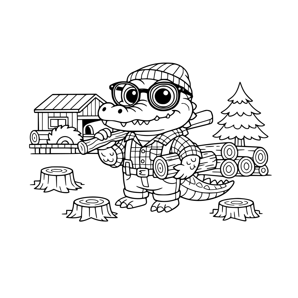 por favor dibuja un cocodrilo con gafas y grandes ojos, disfrazado de leñador, cerca de un aserradero