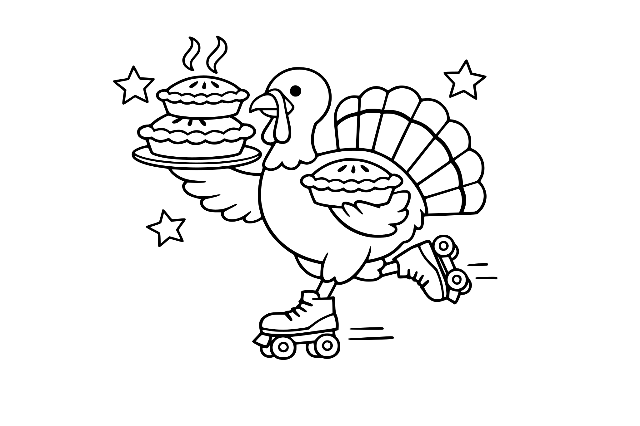 Turkey wearing roller skates, delivering pies, minimalistic line.