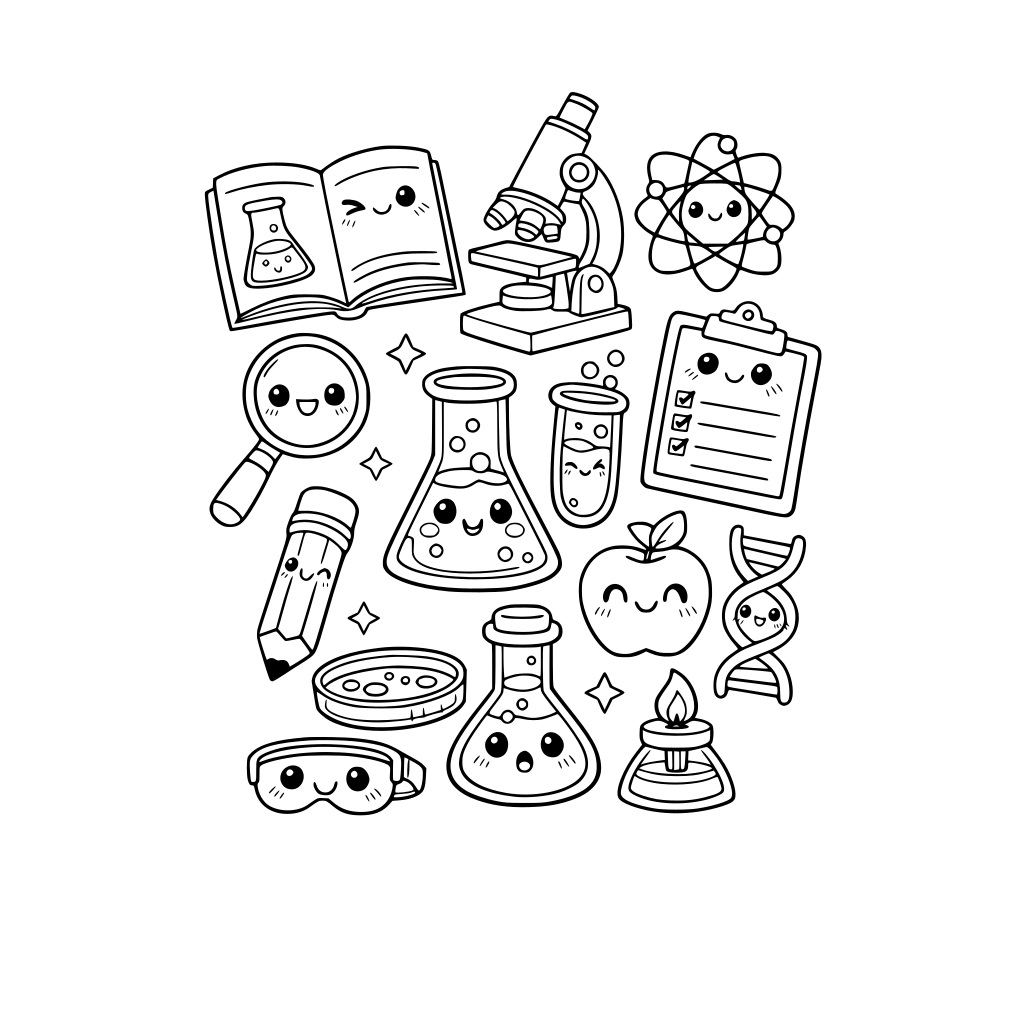 kawaii science class items. each item has a cute kawaii facial expression. do not repeat items. do not repeat facial expressions.
