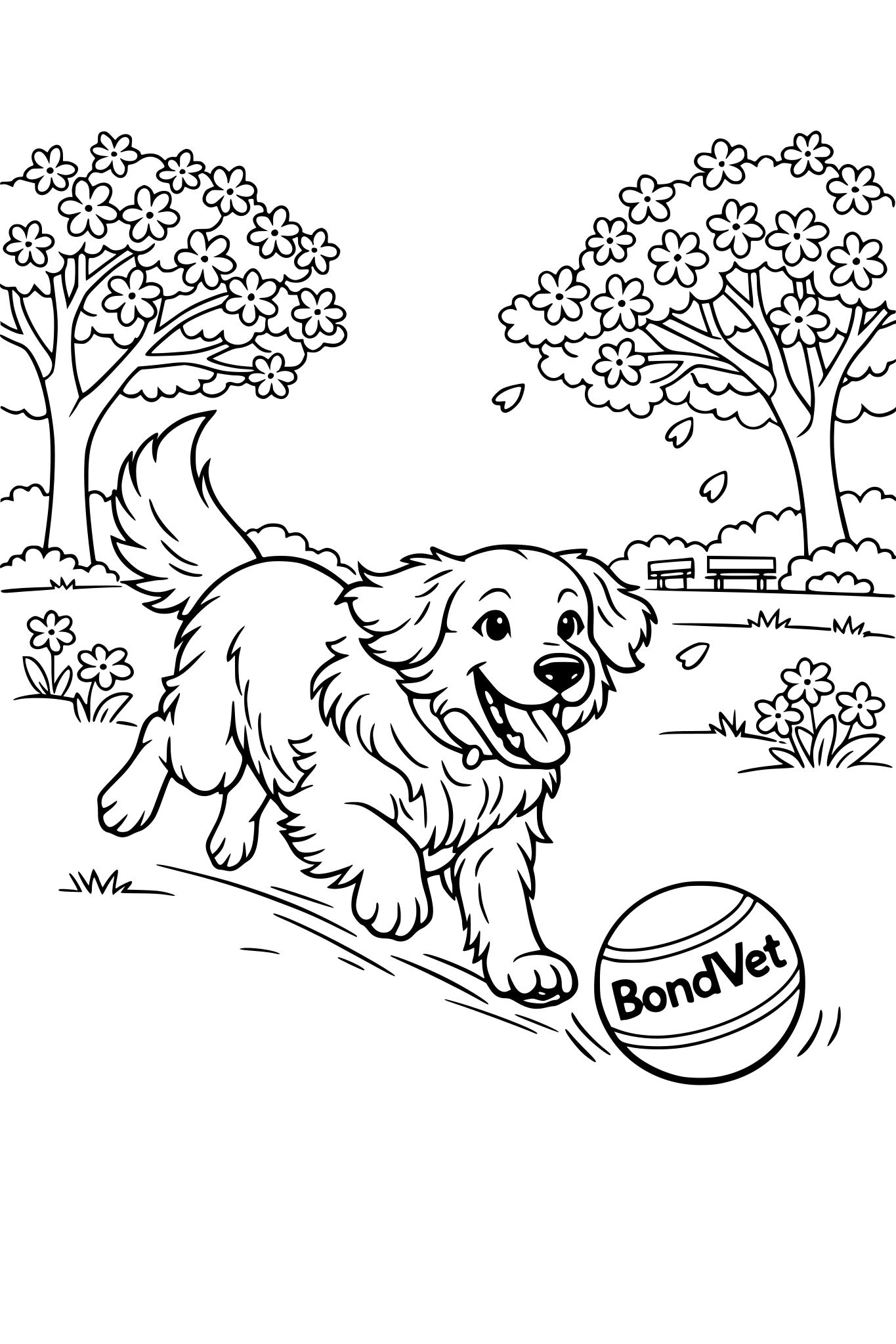A golden retriever chasing a ball labeled 'BondVet' in a park filled with cherry blossom trees