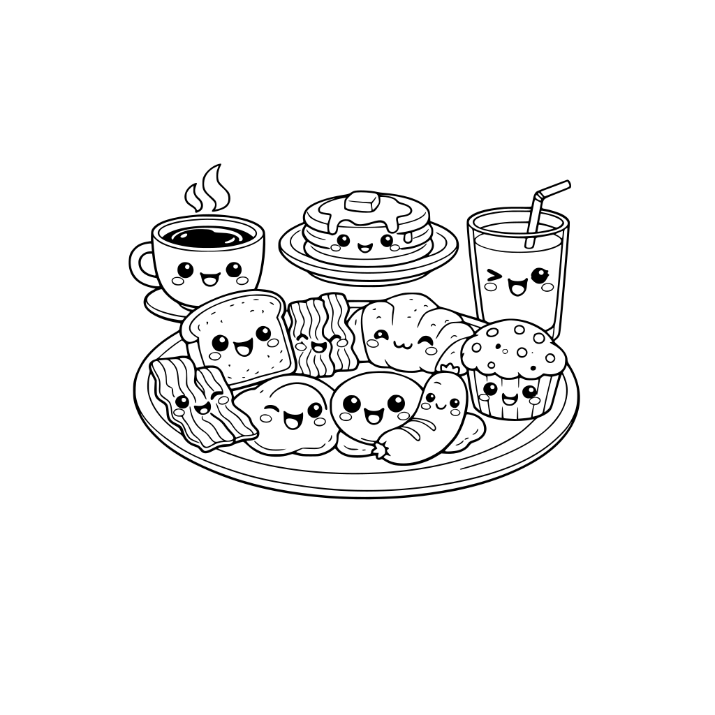 kawaii big breakfast plate with bacon, 2 eggs, toast, sausage, croissant, muffin all with different cute expressions. a cup of kawaii coffee and glass of juice beside it with different facial expressions. a plate of kawaii pancake in the background.