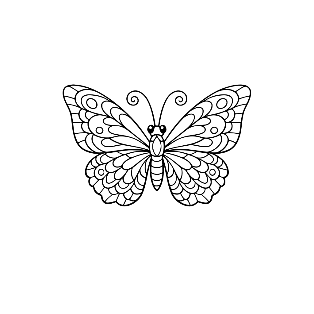 Butterfly coloring page, black and white line art, bold clean outlines, white background, centered butterfly, relaxing adult coloring book style, intricate but not crowded, no shading, no gray, no background elements, printable, high contrast