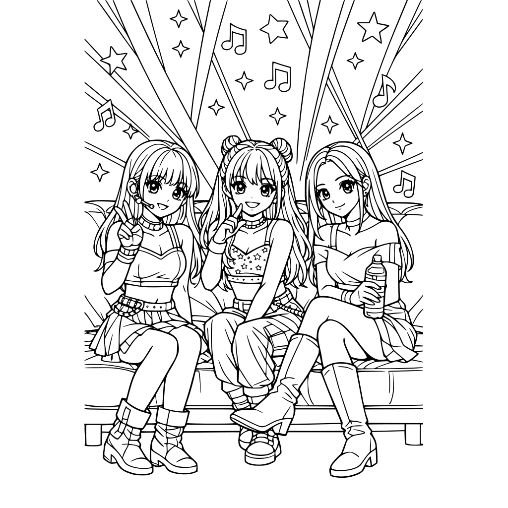 Portrait oriented coloring book page that is black and white with 3 k-pop singers sitting backstage at a concert on a couch. They are young female pop stars. Background has light beams, lasers, stars, and music notes. Fill the whole page with great detail. Anime cartoon style.