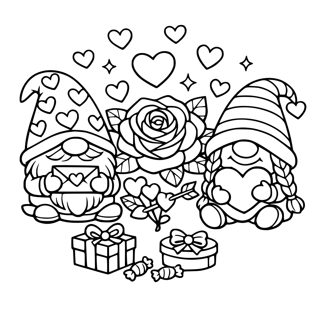 Rose, gnomes, hearts, cute, Valentine's Day