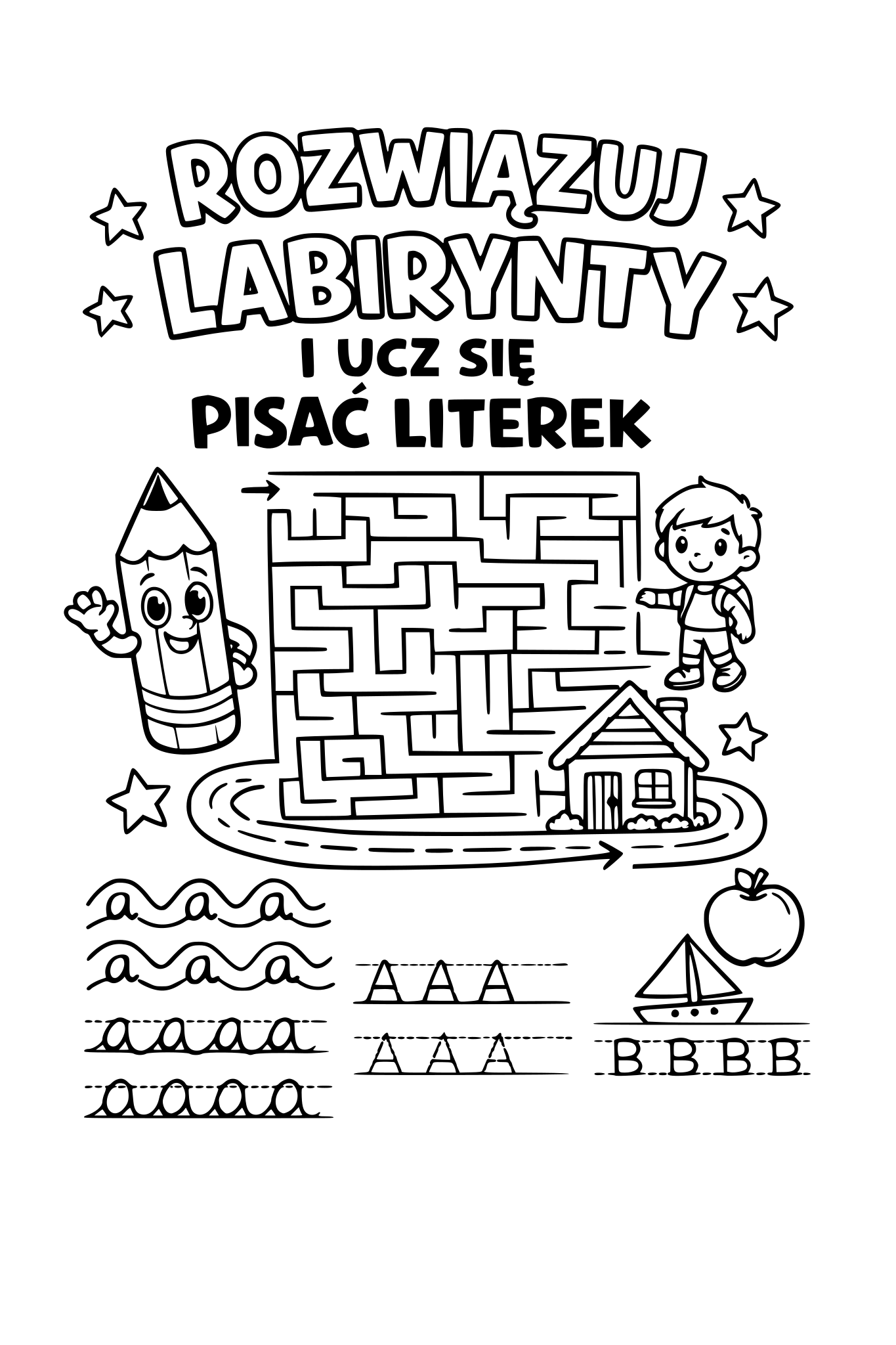 zrÓb okładkę z napisem ROZWIĄZUJ LABIRYNTY I UCZ SIĘ PISAĆ LITEREK. okładka ma nawiązywać do labirytów i pisania literek po ślaczkach