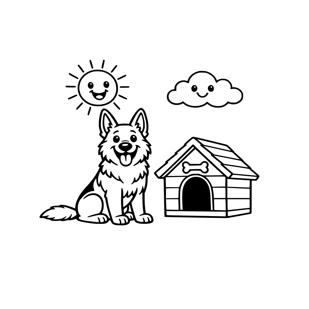 radosny piesek w typie owczarka niemieckiego, siedzi obok budy. nad pieskiem uśmiechnięte słoneczko i chmurka