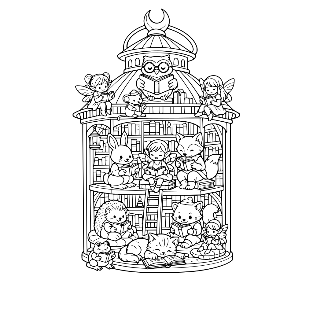 whimsical tiny library built inside a whimsical lantern with whimsical animals and fairies with various expressions reading little tiny books