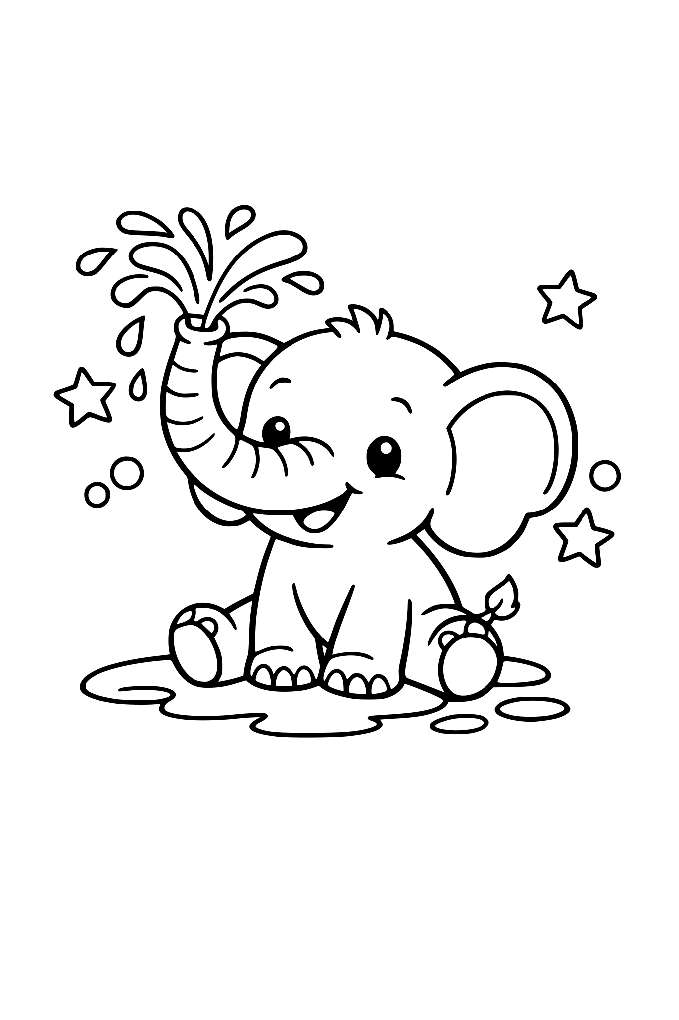 Baby elephant spraying water with its trunk, simple toddler coloring page, bold lines