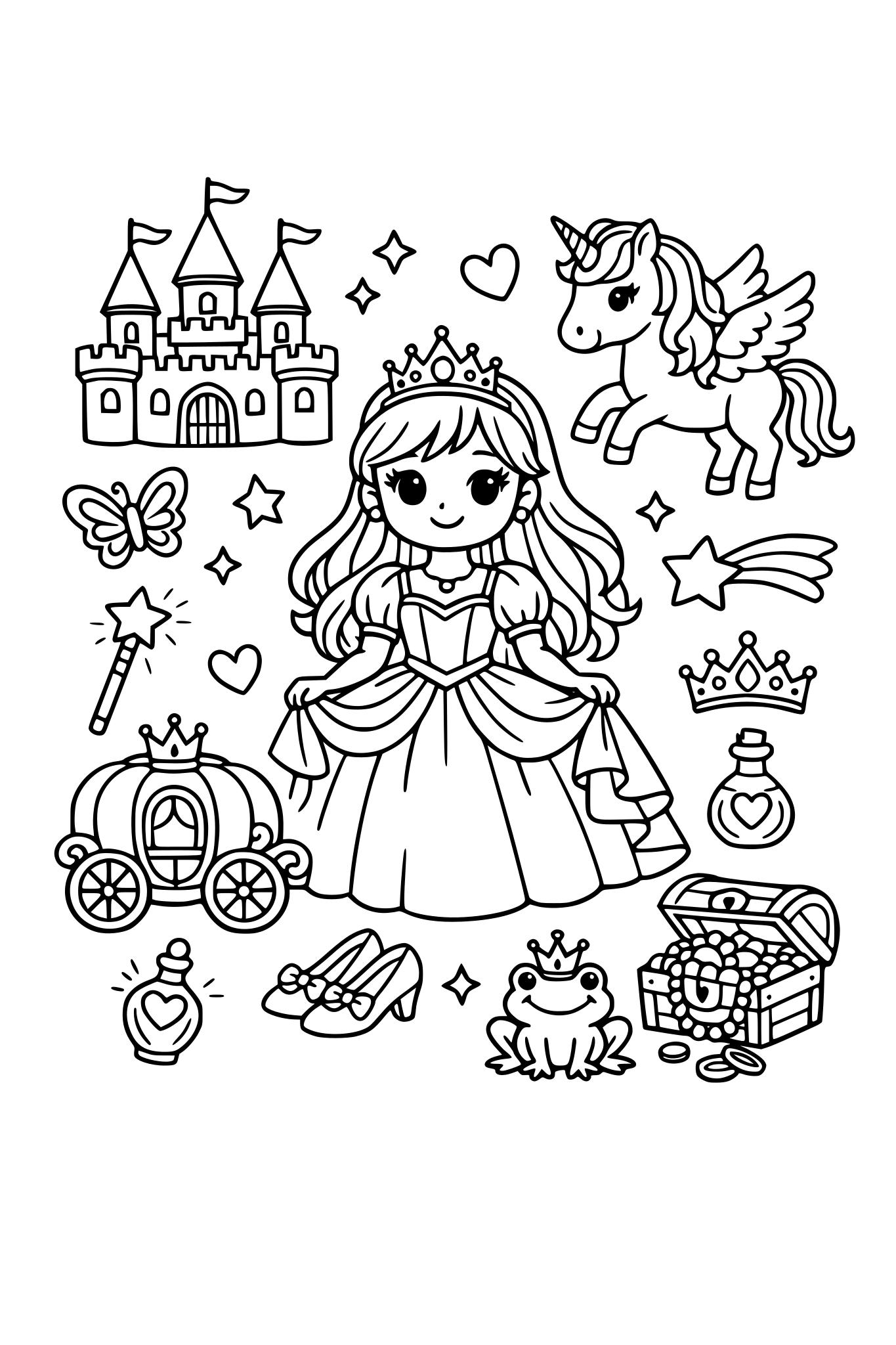 Livre de coloriage de princesse avec princesse et tout ce qui concerne cette univers pour une enfant de 6 ans