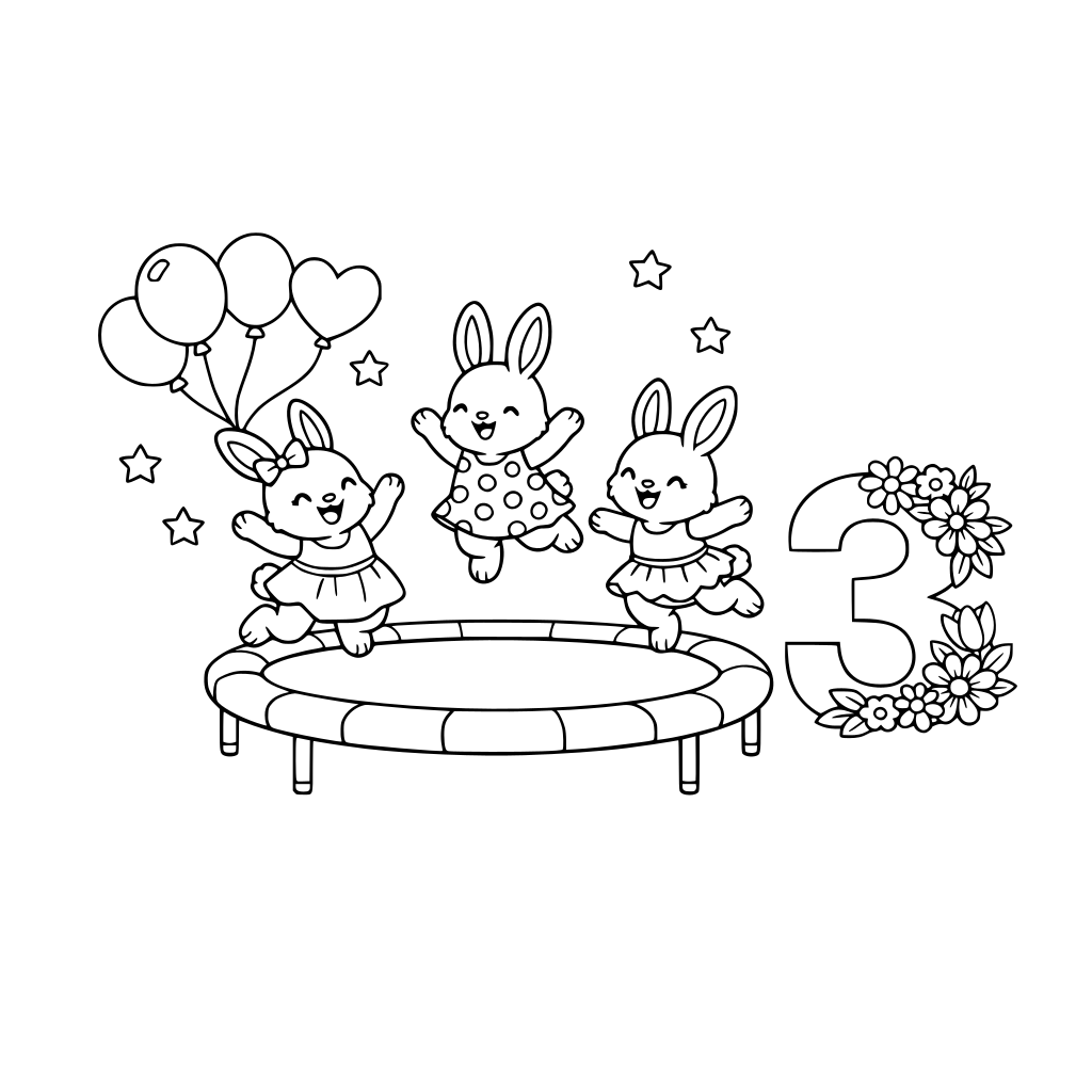 bunnies in dresses jumping on trampoline, balloons, number 3 with flowers