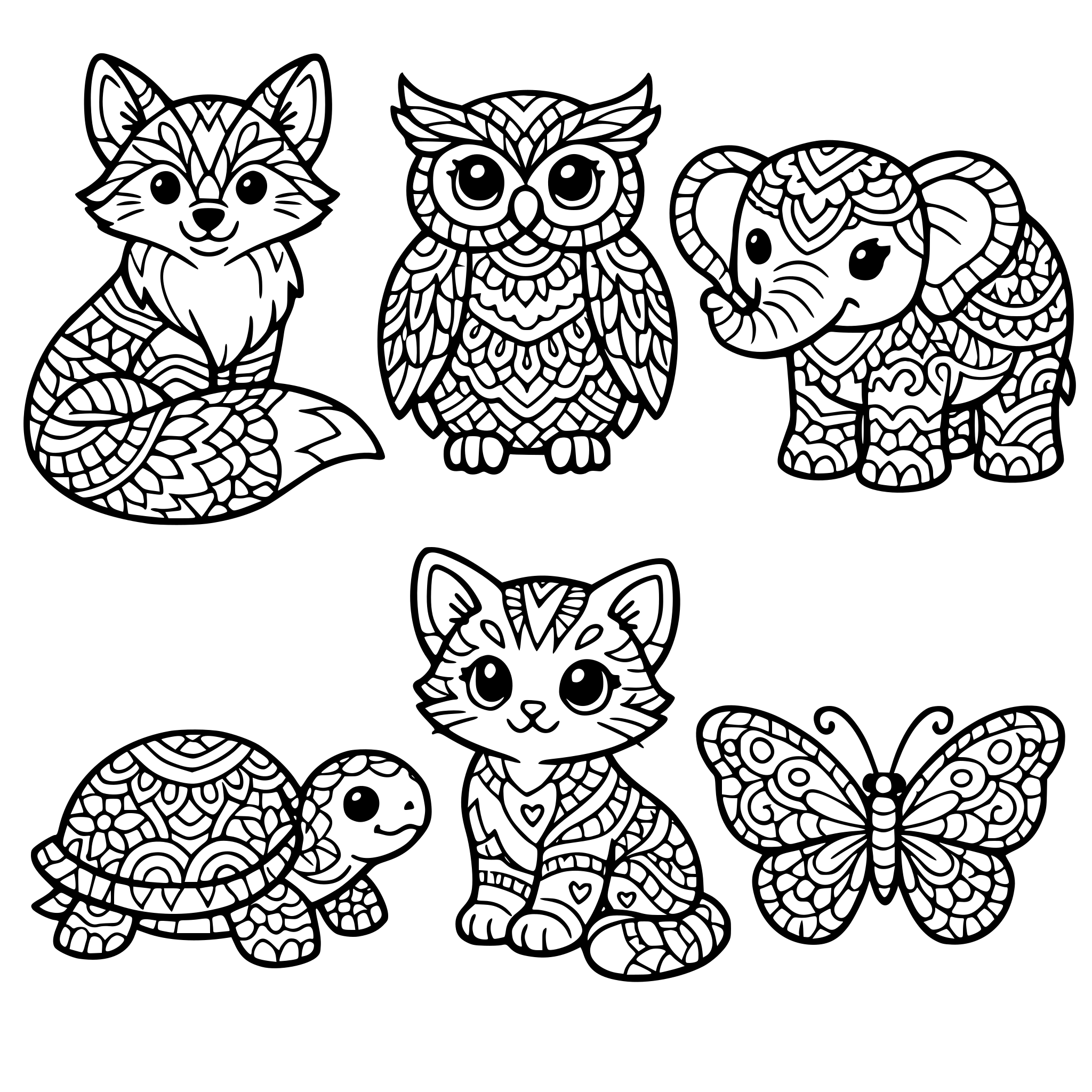 Six cute animals on a square page, detailed outlined, thick outline, all the animals should have some colouring patterns inside them, so the colouring should be little bit complex at the same time, attractive enough to even attract adults