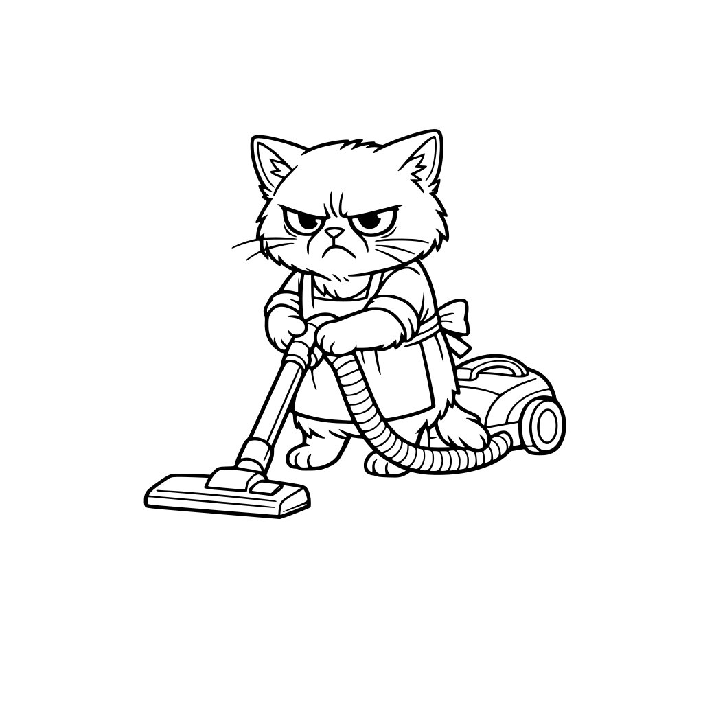 A grumpy cat vacuuming