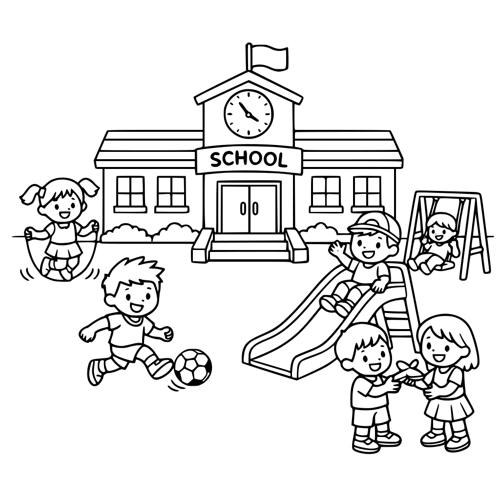 School building with kids playing outside