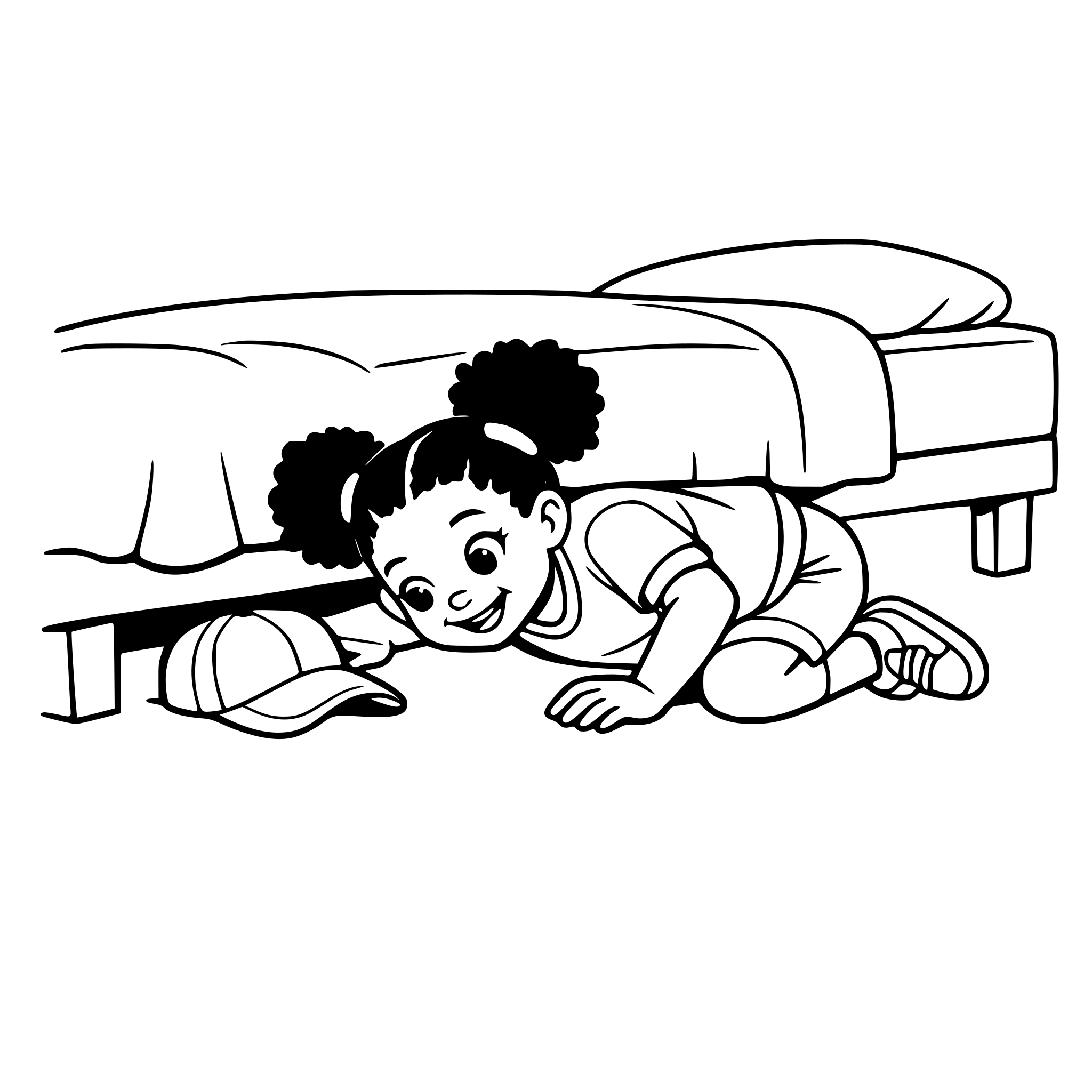 Create an image of a young african american girl looking under her bed for her hat. She sees it under the bed. White background, isolated.