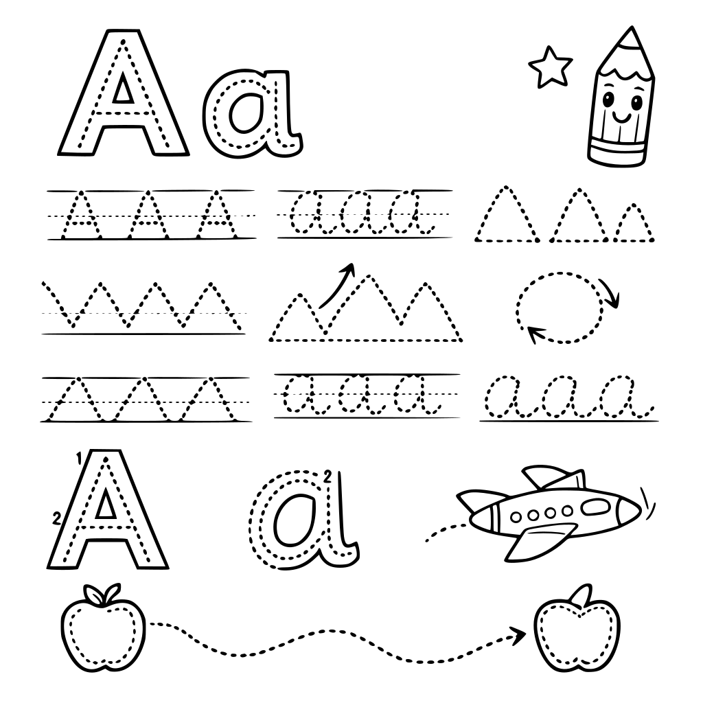 zró całą listę ćwiczeń do litery A duże i a małe różne ślaczki wykropkowane dzięki którym nauczymu pisać się literkę A i a