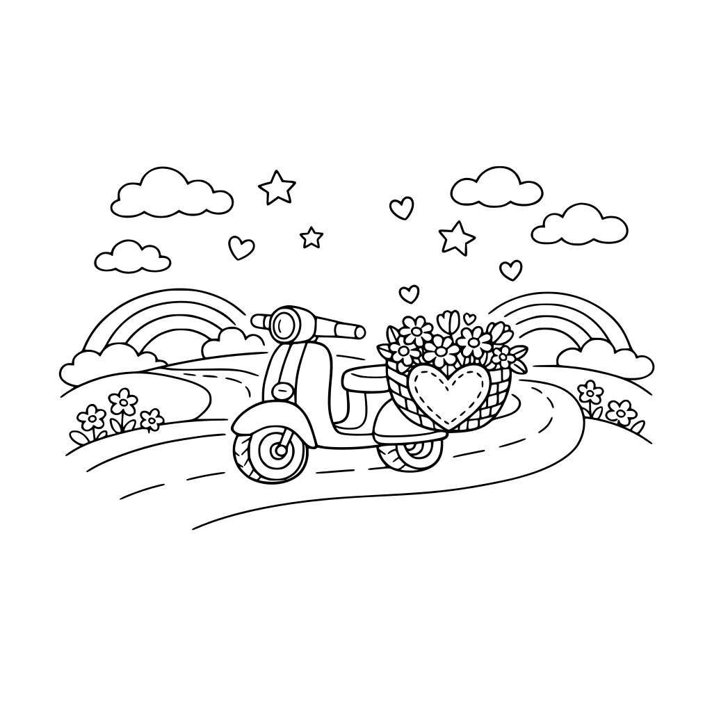 Tiny pastel scooter with a heart-shaped basket full of flowers, whimsical road with rainbows, cute children’s illustration.”