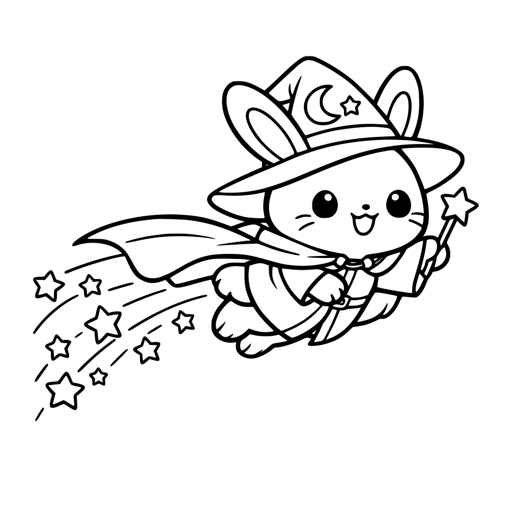 cartoon and kawaii style of bunny in magic robe and hat flying — cape flowing, stars trailing.
