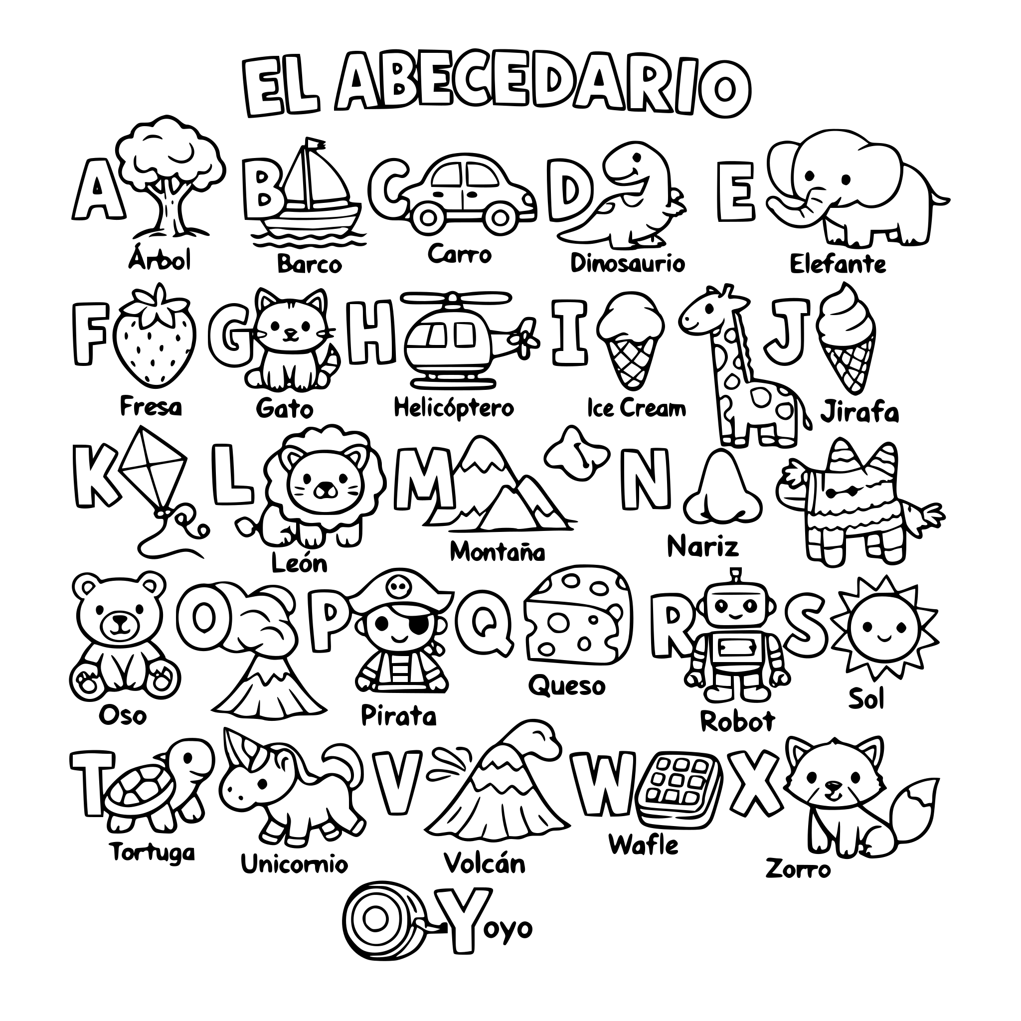 Quiero que me crees un e-book de todas las abecedario con dibujos para niños de 7 años para colorear