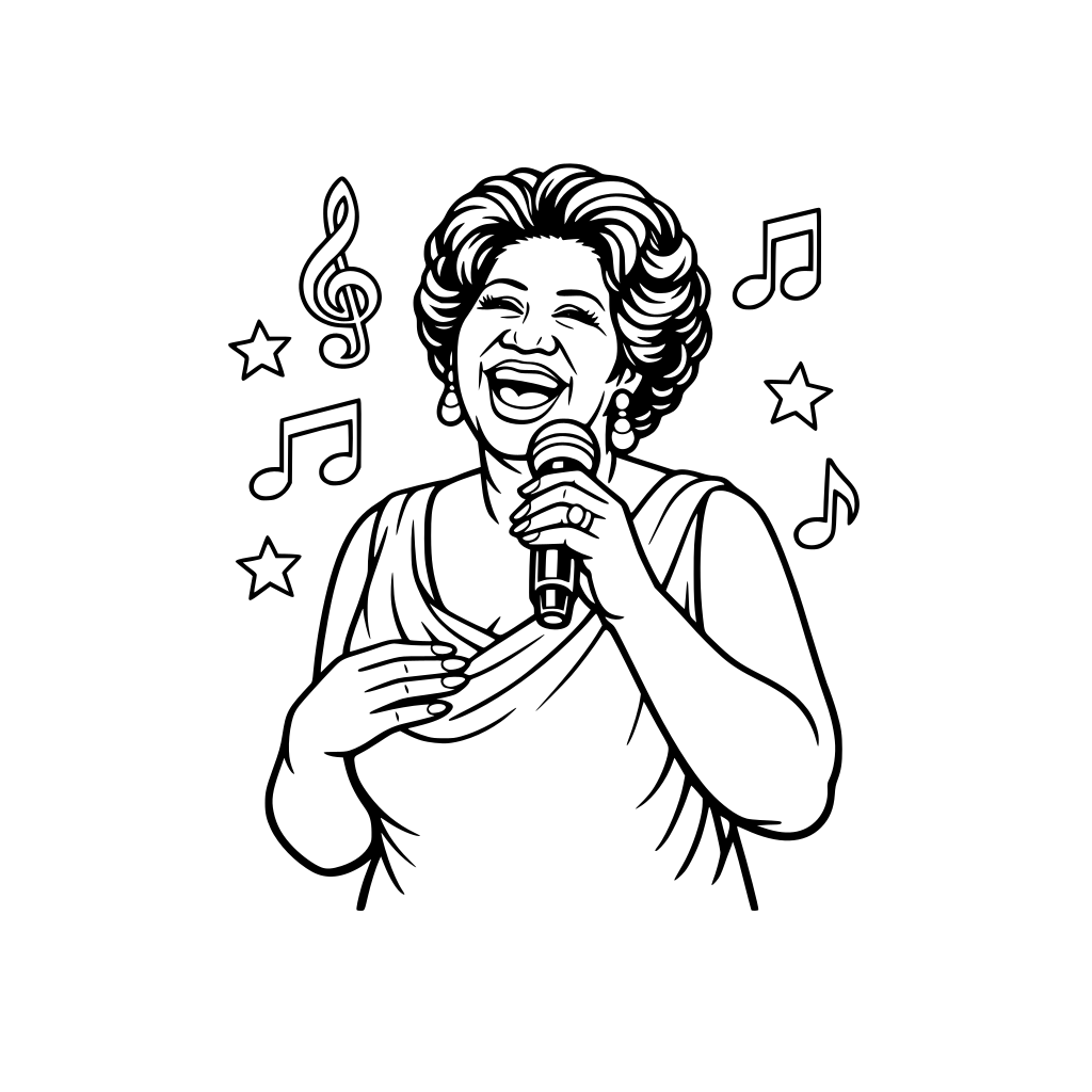 Aretha Franklin singing into a microphone, joyful expression, minimal music notes outline in background, mid-body framing.