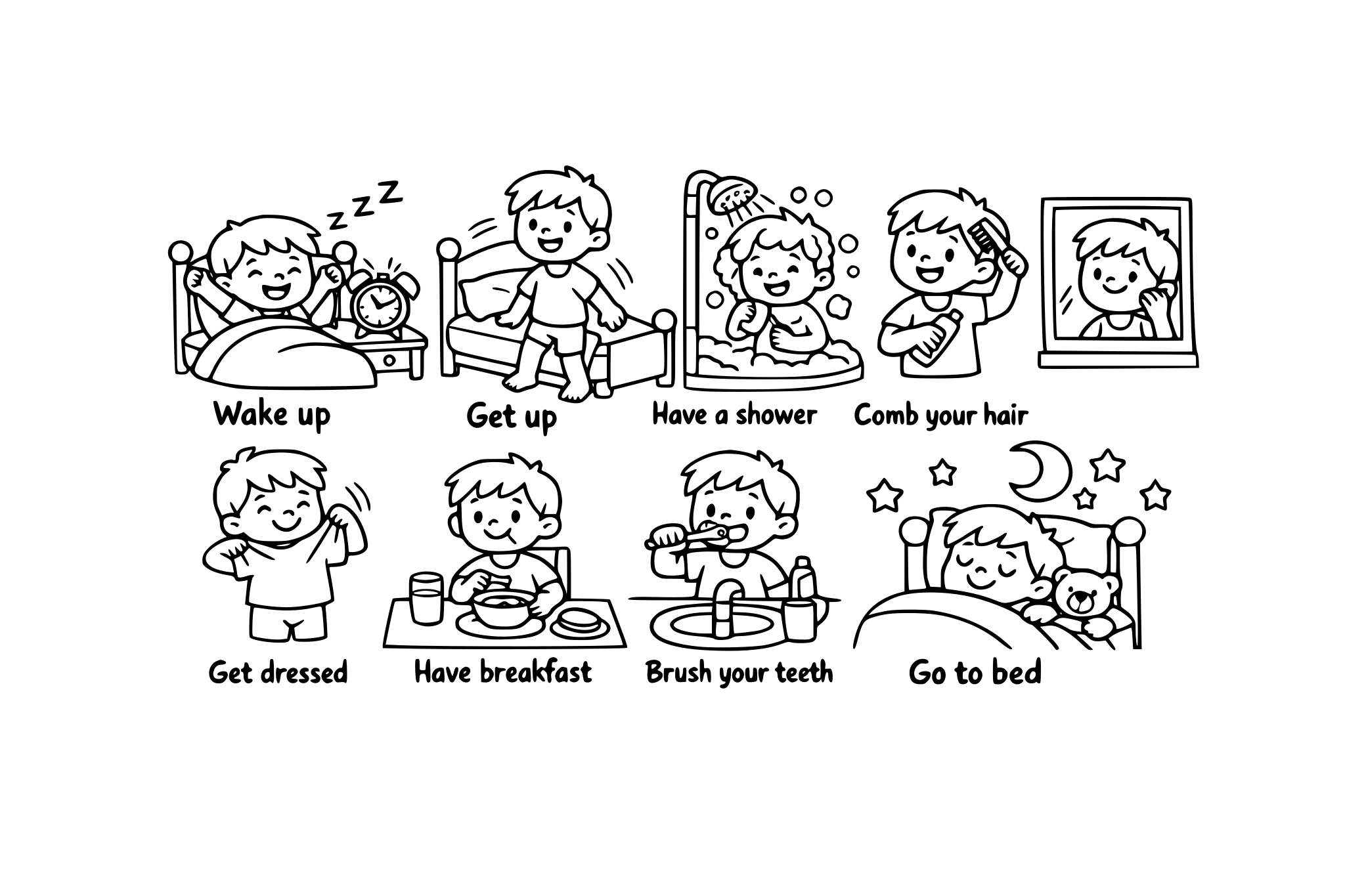quiero que me hagas una imagen donde aparezca todo esto ilustrado en viñetas para niños de 5 años: wake up, get up, have a shower, comb your hair, get dressed, have breakfast/lunch/dinner, brush your teeth, go to bed.
