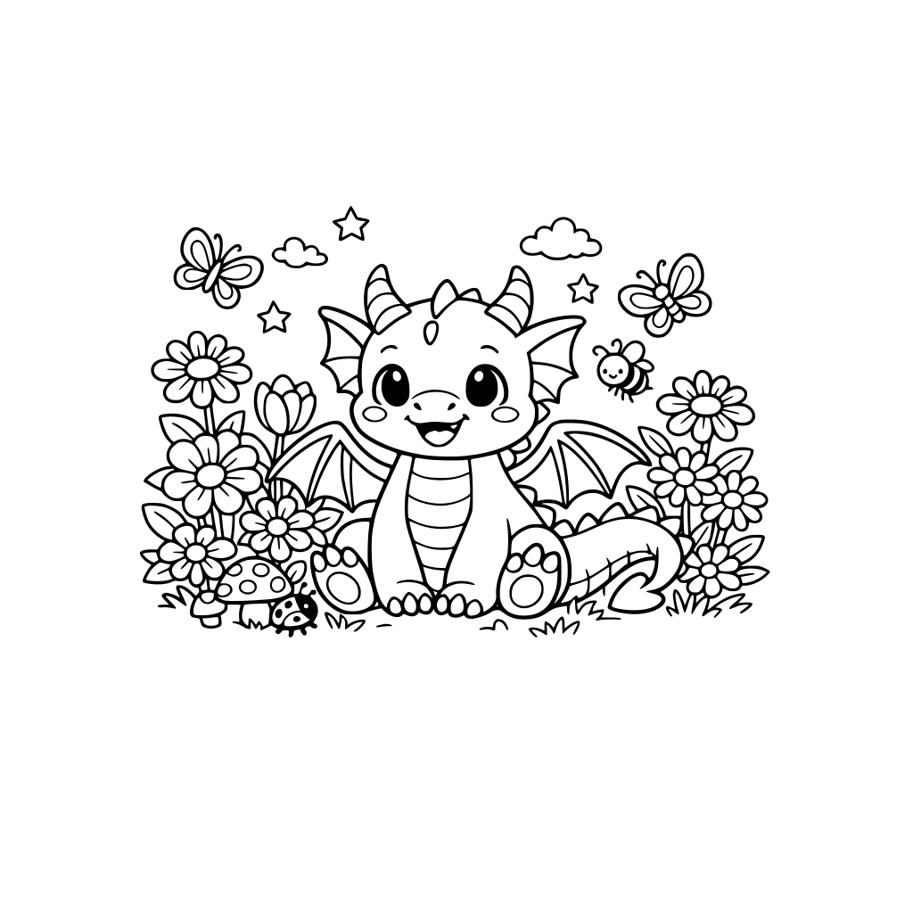 Un dragon adorable dans un jardin fleuri