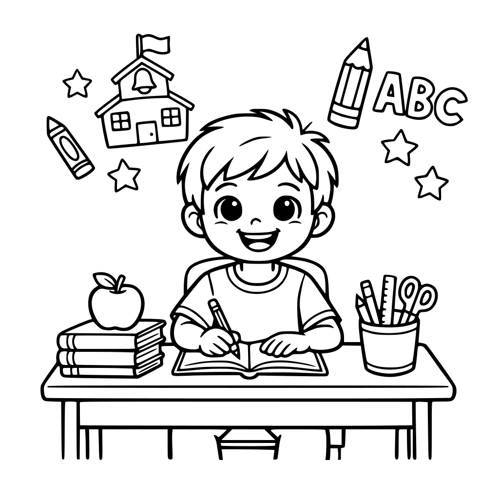 A child sitting at a desk smiling and happy on their first day of school