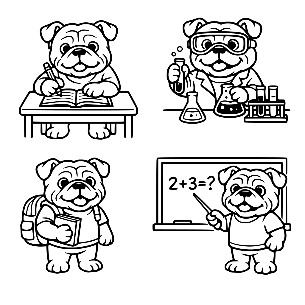 bulldog doing various things in school