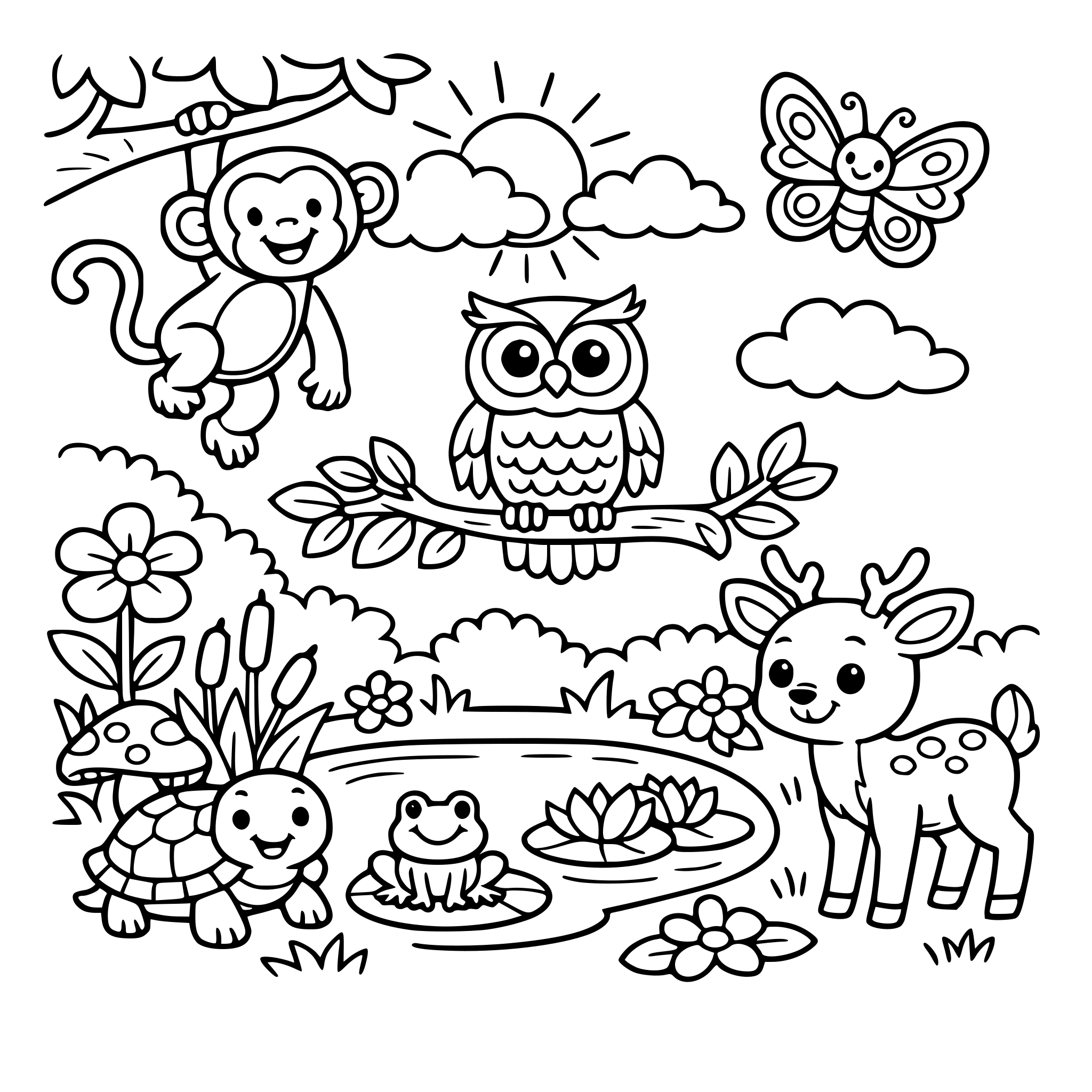 Coloring book for kids ages 5-10, animals, plants, trees, flowers, some moderate details, something entertaining so the kids can practice coloring within lines.