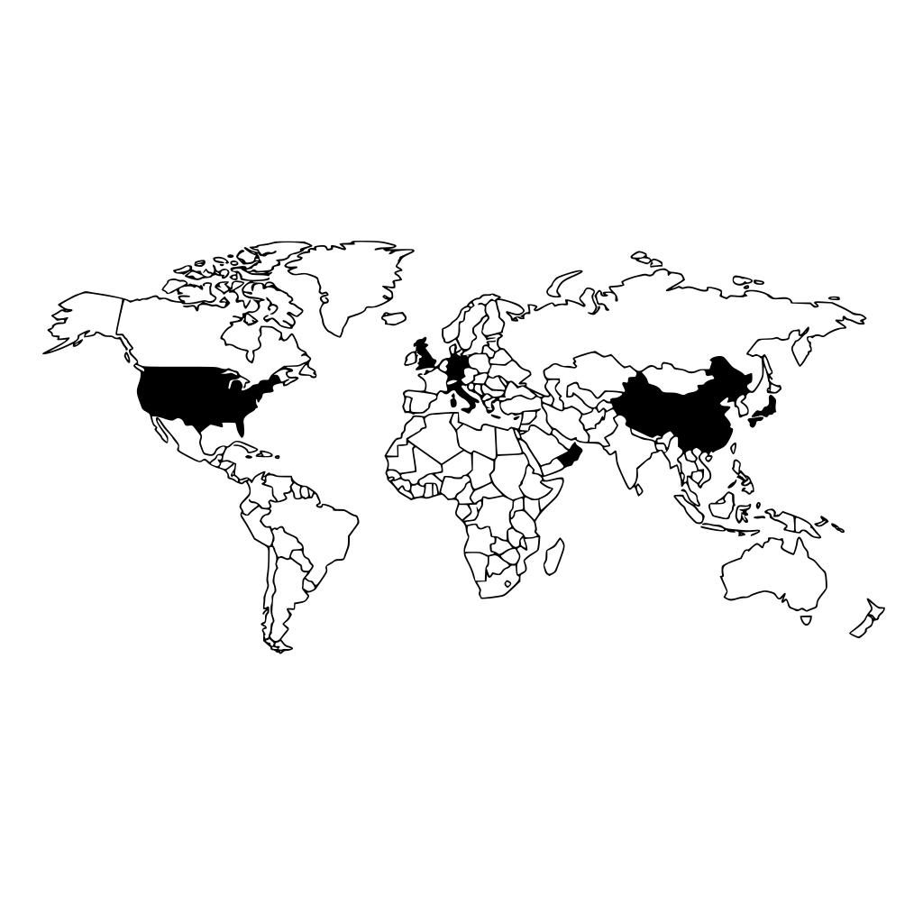 Global world map with countires outline and the following filled in: USA Canada ITaly UK GErmany Holland Belgum Spain UAE China S Korea Japan Taiwam