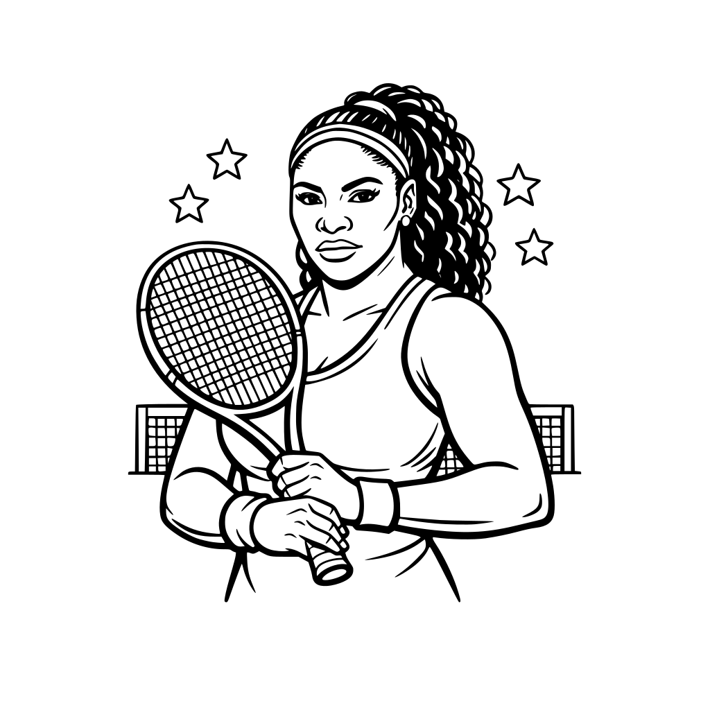 Serena Williams holding a tennis racket confidently, strong expression, minimal tennis court outline behind her, mid-body framing.