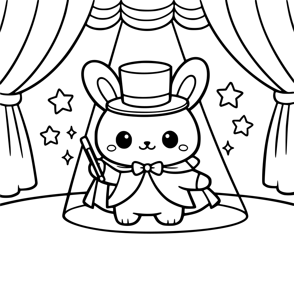 make cartoon kawaii style art of Bunny in magician cape and hat top on stage with curtains and spotlight — rounded curtain folds,