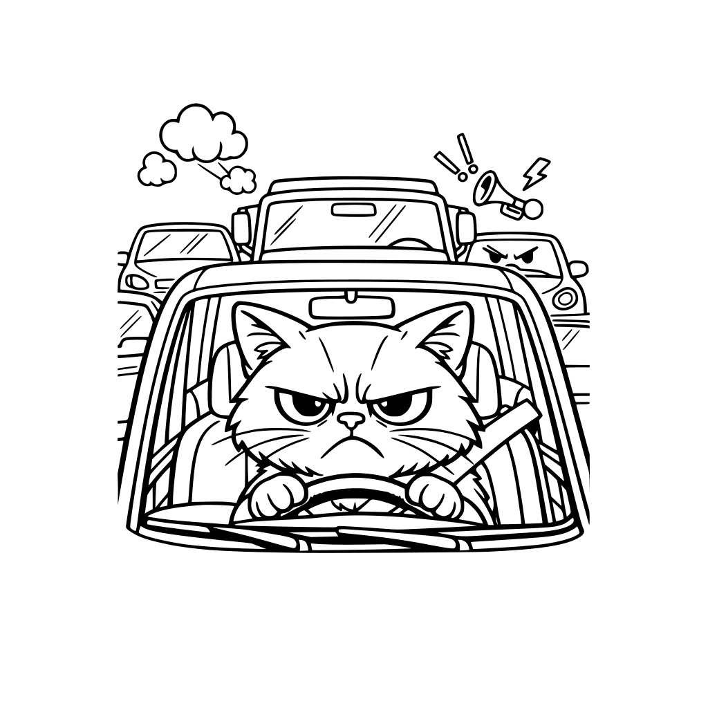 A grumpy cat stuck in traffic