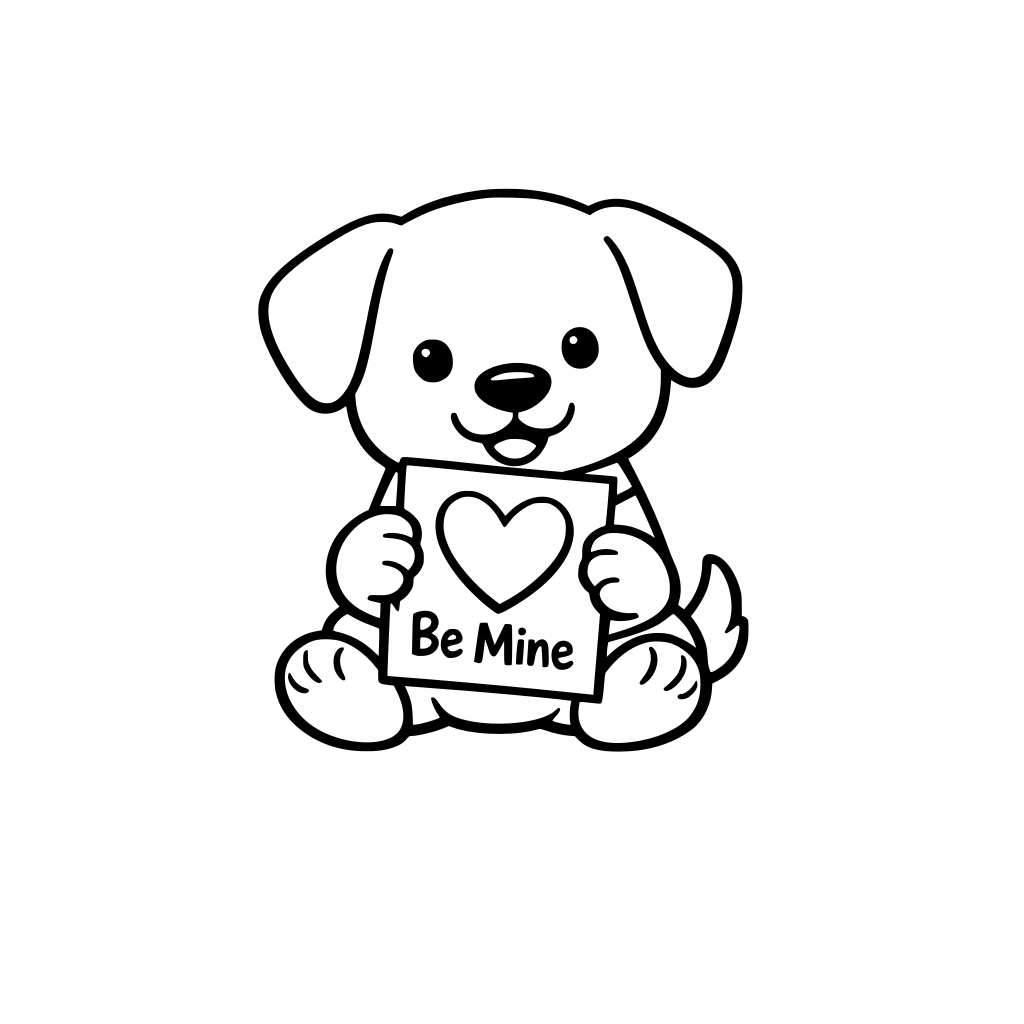 Puppy with a Valentine card very simple, bold black outlines, thick lines, minimal details, no shading, no color, black and white only.