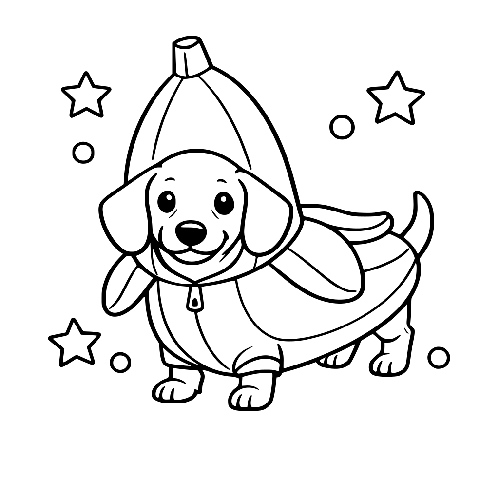 A daschund in a banana costume