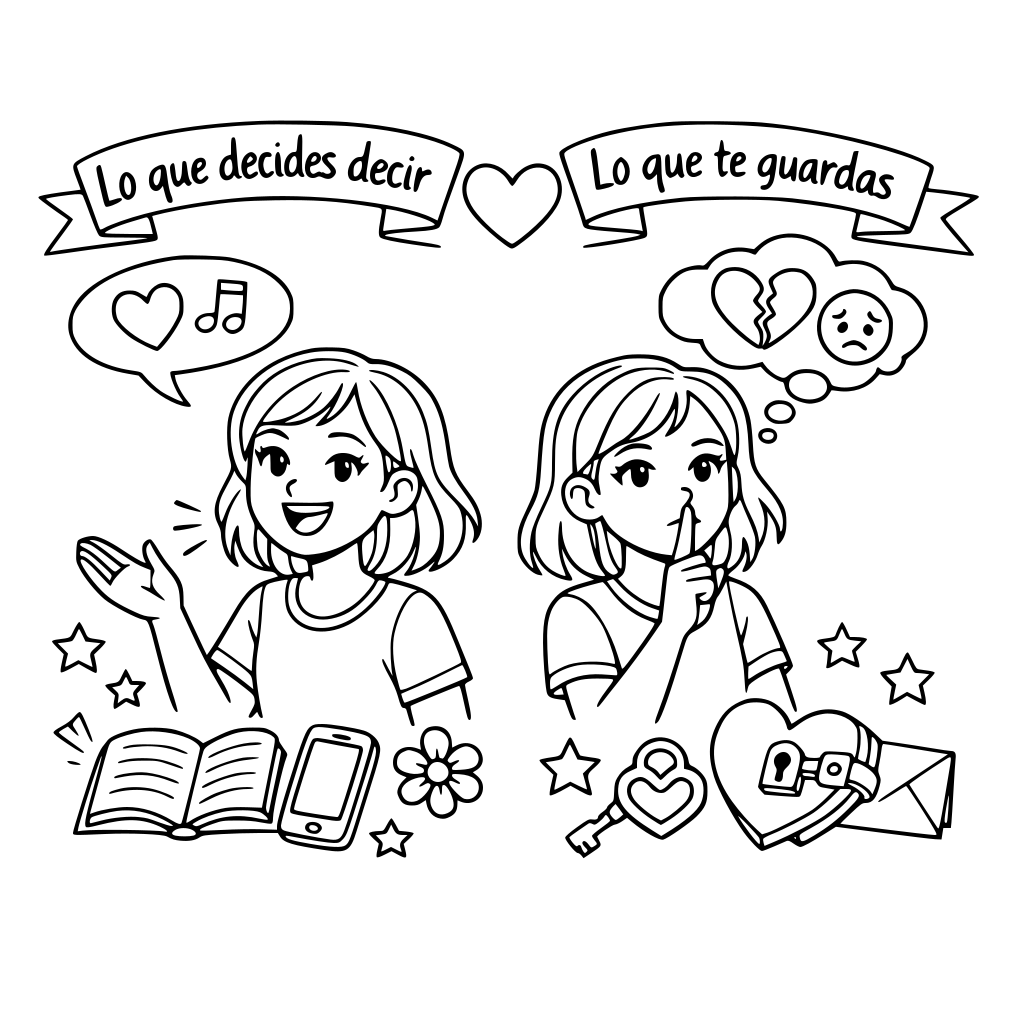 Un libro para colorear de lo que decides decir y lo que no, no tan infantil más como para niñas de 12-13 años