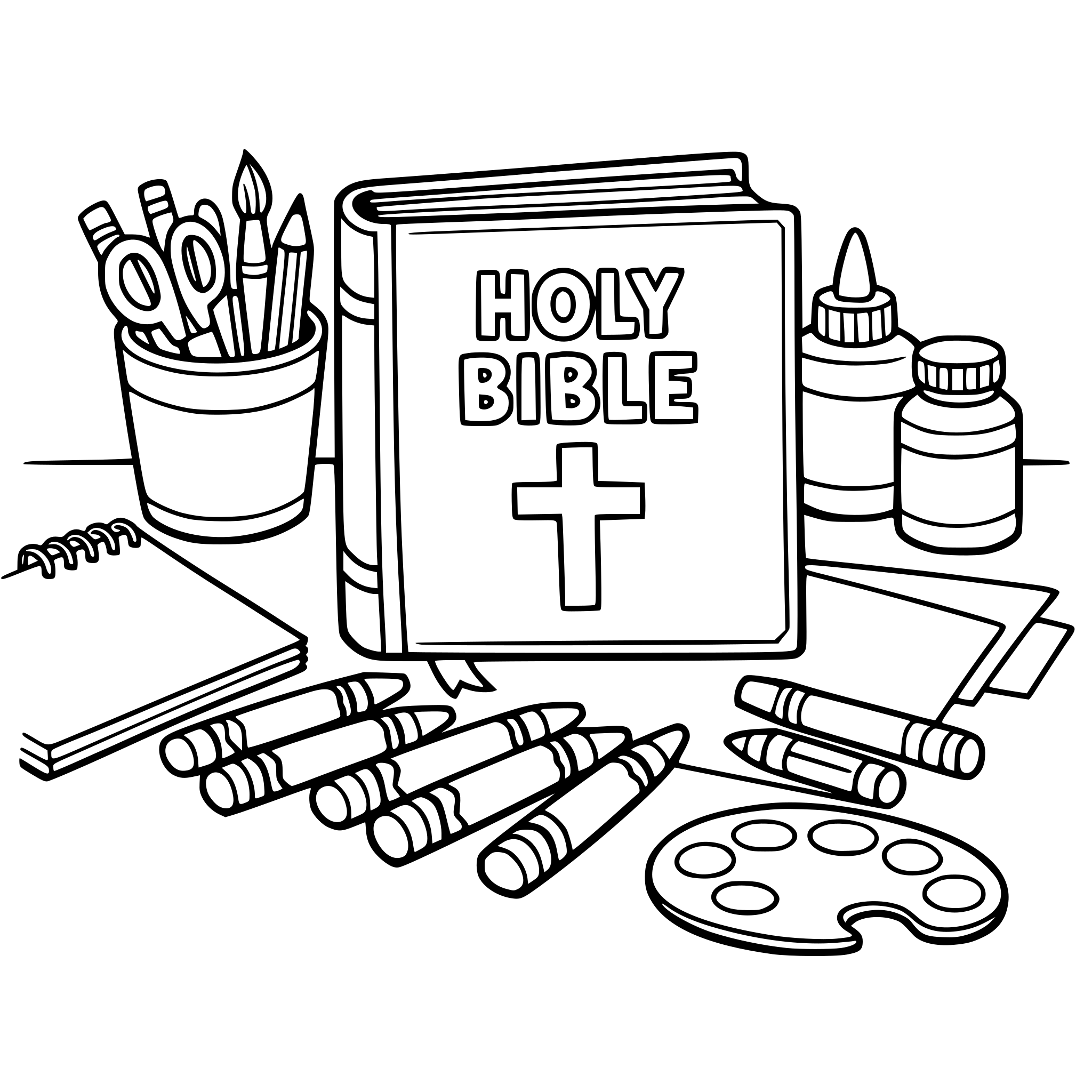 bible book and crayons on a table with art supplies