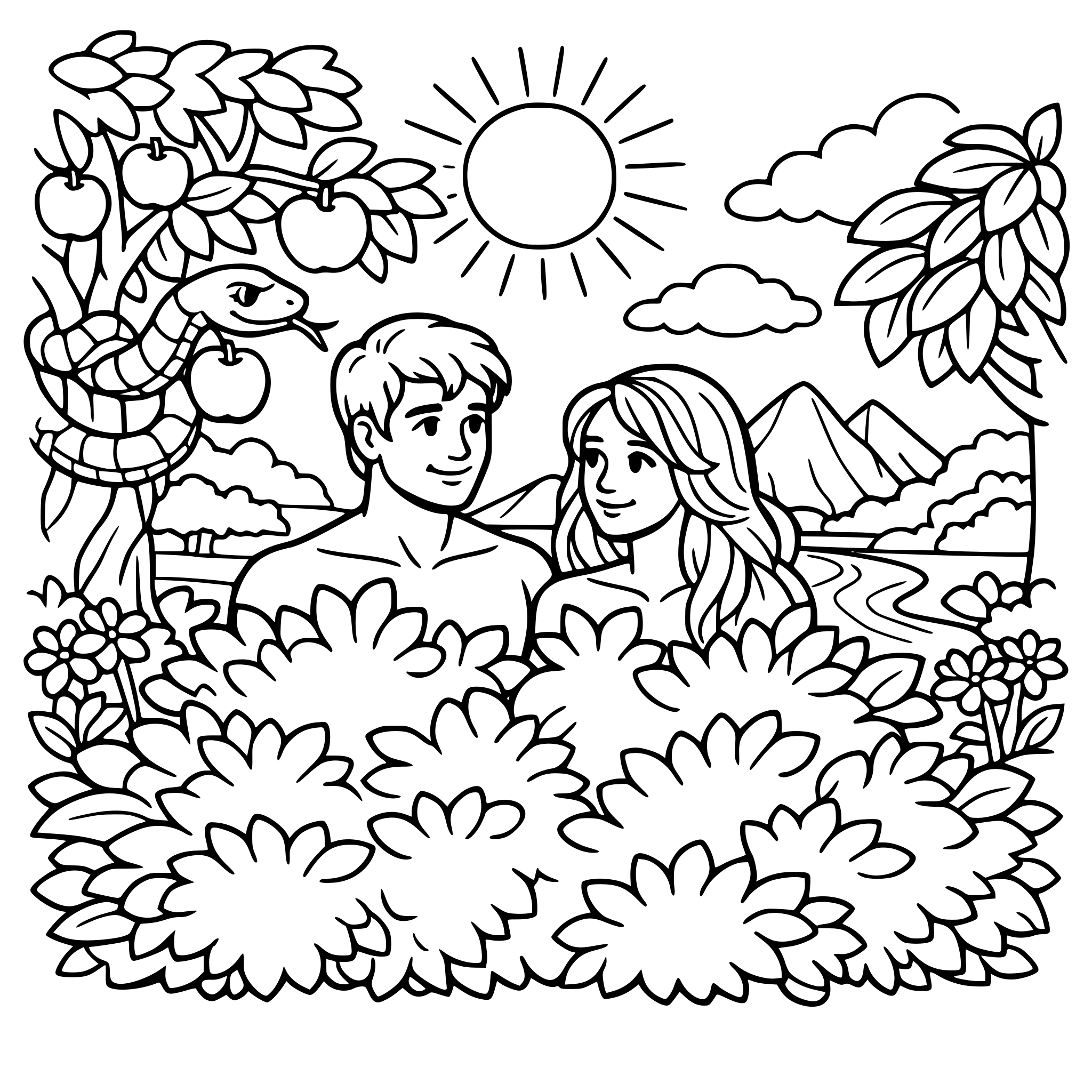 create a design with adam and eve in the garden, put bushes in front of them so it covers their body Add trees bushes and landscape elements