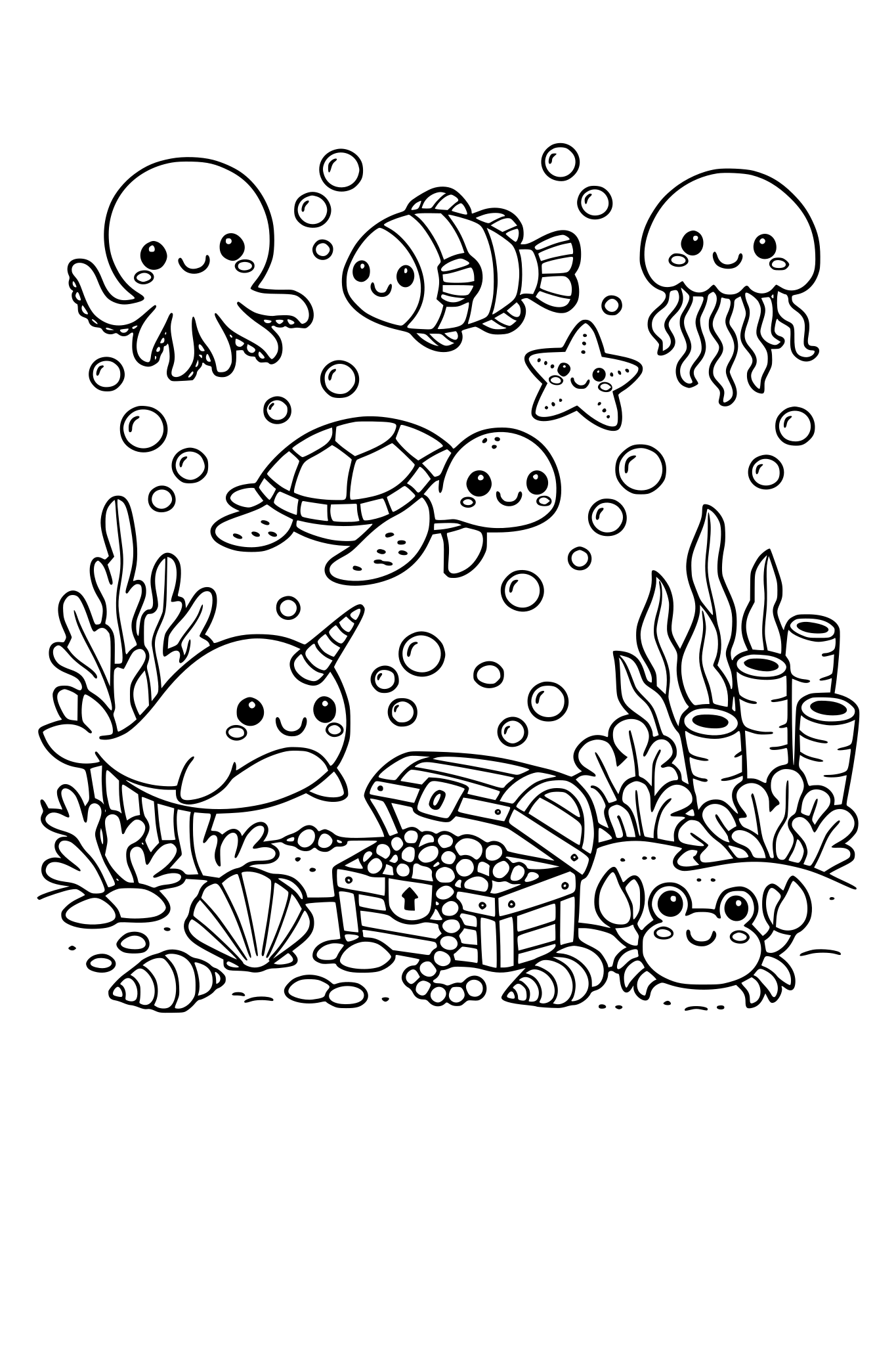 Underwater ocean scene with Cute sea creatures, coral reefs and seaweed. Inclue other marine elements like shells or bubbles